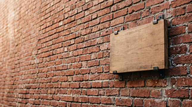 Old Brick Wall with Hole and Blank Sign on Weathered Red Brick Surface, Grunge Urban Architecture Background with Rustic Texture and Vintage Street Design