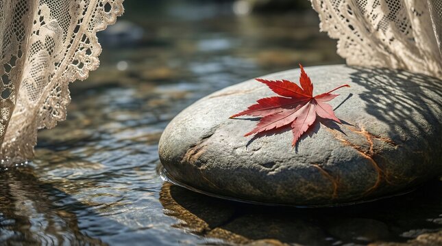 Autumn red maple leaf on river stone with soft lace curtain