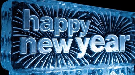 Naklejka premium Frozen ice sculpture displays Happy New Year text with glowing lights and burst pattern. Festive ice art for winter holiday greetings. Celebrate new beginnings with cold season cheer.