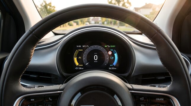 Interior view of a modern electric car from the driver seat showing the steering wheel and digital dashboard display screen with speed indicator and battery level gauges electric vehicle