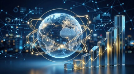 Fototapeta premium Digital globe earth hologram with rising glass bar graphs and financial charts representing global business growth