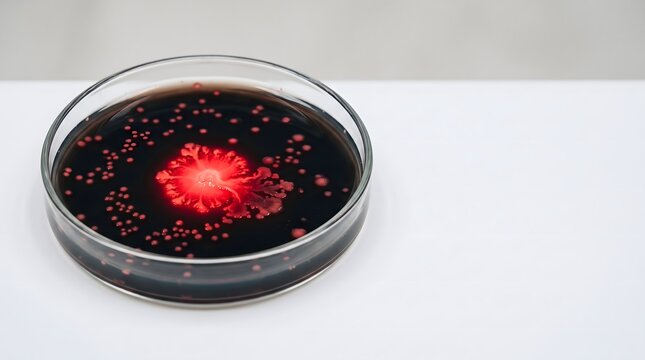 Petri dish with dominant spreading bacterial colony glowing red, antibiotic resistant bacteria and superbug concept art horizontal with copy space