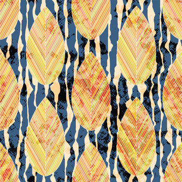Vector background of stylized leaves, autumn leaves, geometric ordered structure, seamless pattern