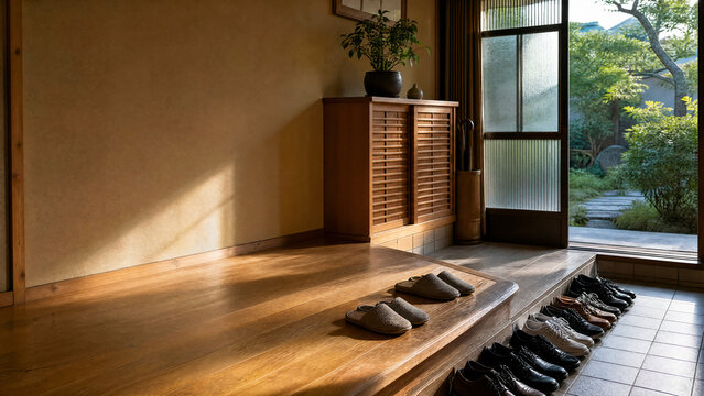 Shoes lined up neatly on a Japanese genkan floor - house cleaning - copy space