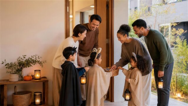 多文化の家族が玄関先で楽しむハロウィンのトリックオアトリート