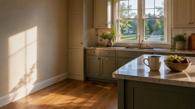 Morning coffee mug on a suburban kitchen counter - renovation - copy space