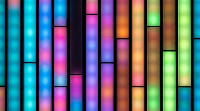 Vibrant vertical illuminated rectangles creating an abstract colorful gradient pattern across a digital display, ideal for dynamic backgrounds or modern technology themes and visual effects