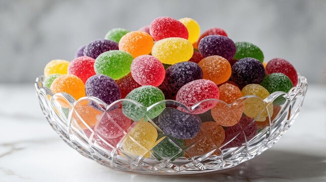 Bowl full of colorful gumdrops covered in sugar. Assorted fruit candies in various bright colors, red, green, orange, yellow, purple, blue piled high. Delicious sweet treats for celebrations snacks.