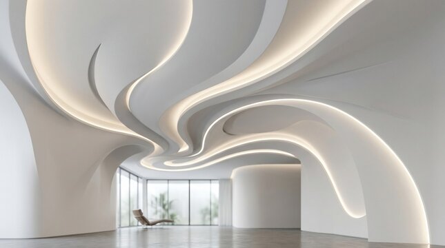 Modern architectural interior with flowing organic ceiling design and soft lighting