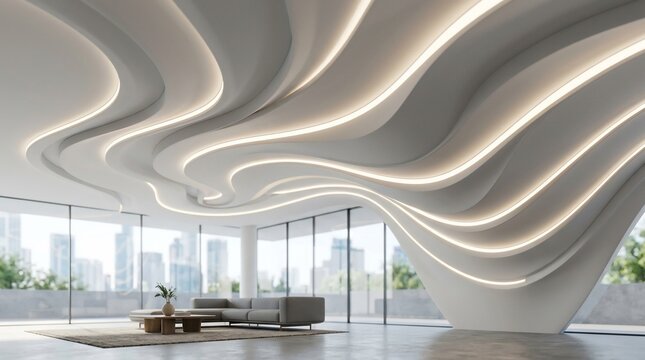 Modern architectural interior with futuristic wave ceiling and soft ambient lighting