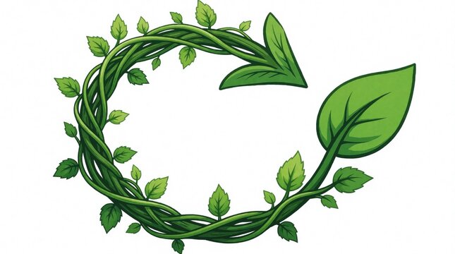 Green vine forms circular arrow with leaves. Symbolizes renewal, reuse, and organic growth. Represents eco-friendly cycles and sustainability concepts.