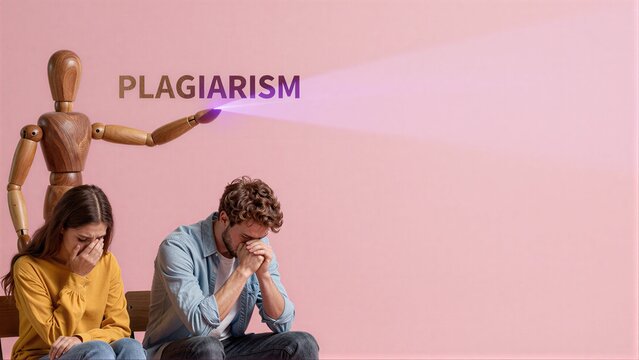 Wooden figure shines light labeled PLAGIARISM at two distressed individuals.