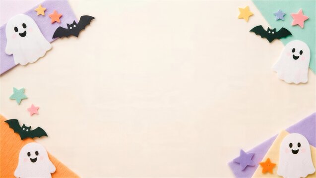 手作り紙おばけとコウモリのハロウィン横長背景