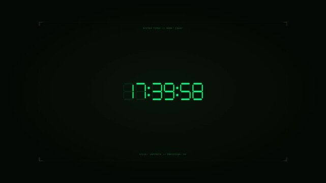 Digital Clock Motion: Time Display in Green LED on Black Background for Digital Timekeeping.