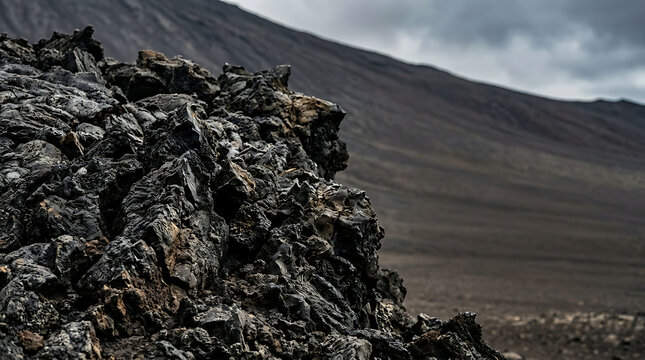 Dramatic Volcanic Lava Flow Across a Rocky Coastal Landscape Under a Cloudy Sky