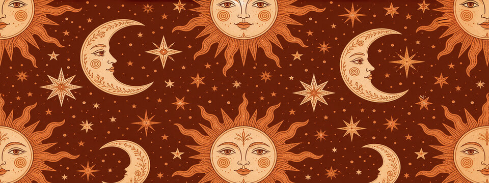 Vintage celestial seamless pattern, mystical sun and moon faces with stars, bohemian terracotta astrology background for fabric
