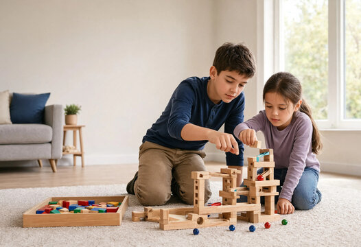 Brother and sister playing together on carpet with wooden marble run and colorful toy blocks at home