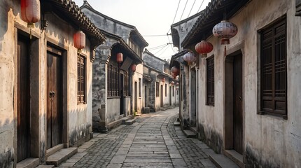Fototapeta premium Traditional Chinese Village Alleyway with Red Lanterns and Ancient Architecture