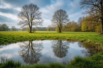 Naklejka premium Tranquil pond reflects bare trees and green field under cloudy blue sky. Spring landscape with wet meadow and calm water. Nature scene, rural park, calm weather.