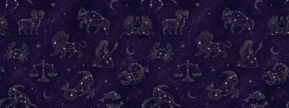 Celestial zodiac pattern, mystical astrology constellations on purple nebula background, esoteric horoscope signs seamless texture