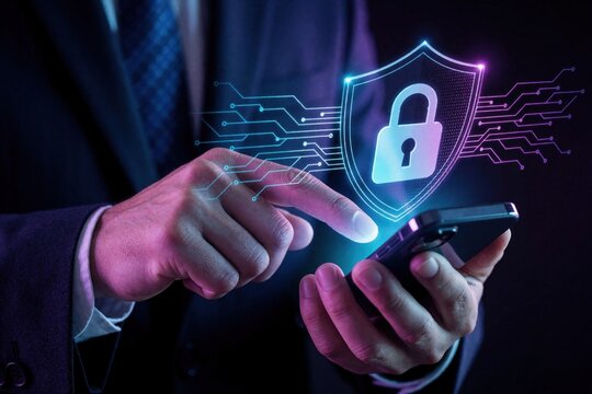 Man in suit uses smartphone with digital padlock icon, signifying online security and data protection. Secure login with mobile device for safe access and privacy.