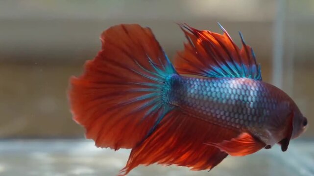Realistic colorful Betta fish swimming gracefully underwater with flowing red and blue fins in a softly lit aquarium.