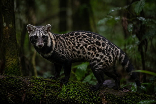 Wild African civet on mossy log in dim rainforest, spotted coat and dark face mask, wildlife and nature concept