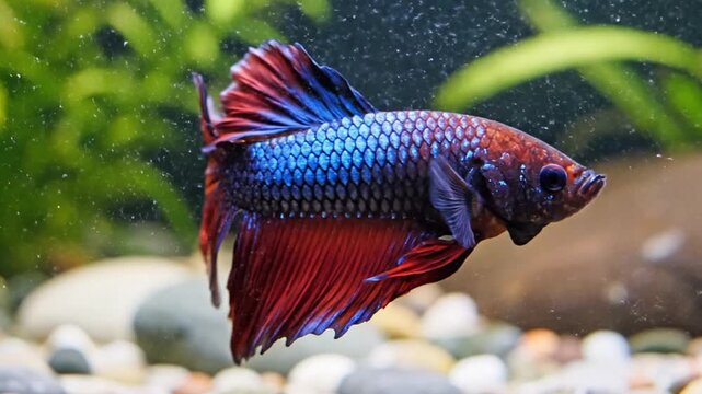 Colorful blue and red betta fish swimming gracefully in a planted freshwater aquarium with flowing fins, bubbles, and decorative pebbles.