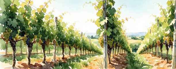 Fototapeta premium Vineyard rows with grapevines and clusters in watercolor style under clear sky. Rural landscape with sunlit fields and distant hills, evoking summer harvest atmosphere.