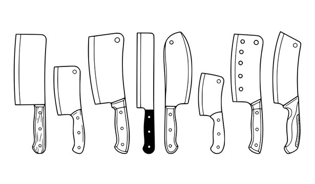 Collection of kitchen cleavers, chopping knives and butcher knives in black and white line art vector illustration