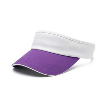 A visor sun hat with a purple brim and white top for sports and outdoor activities