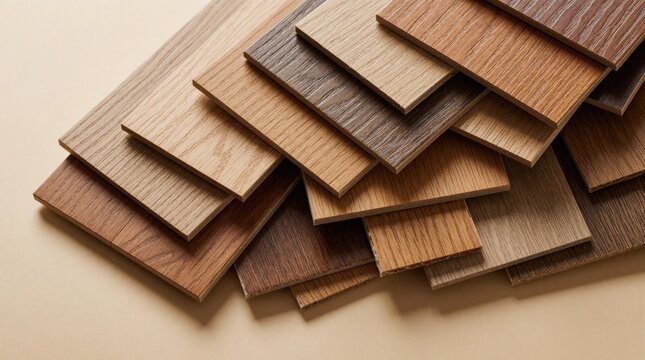 Various wood floor samples display different textures and shades. These laminate and hardwood swatches offer choices for interior design projects and home renovation ideas.
