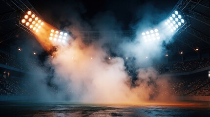 Fototapeta na wymiar Stadium floodlights illuminate smoky atmosphere over empty sports field. Orange and blue lights create dramatic mood, perfect for event backgrounds or futuristic themes.