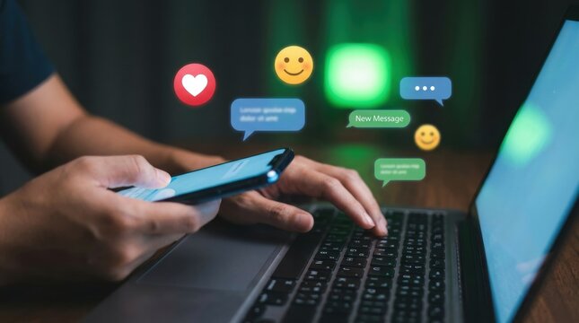 Man Typing on Laptop Holding Mobile Phone with Floating Emojis Concepts