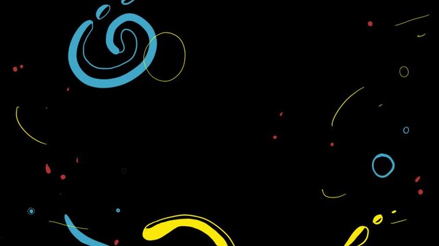 Colorful hand-drawn abstract shapes, including swirling lines and scattered dots, create a dynamic and playful background on a deep black canvas.