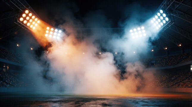 Stadium floodlights illuminate smoky atmosphere over empty sports field. Orange and blue lights create dramatic mood, perfect for event backgrounds or futuristic themes.