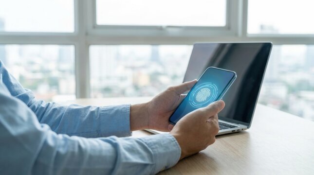 Close up hand holding mobile phone smartphone with fingerprint security scan concept on wood table near laptop computer