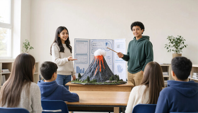 Students presenting volcano model science project in front of classroom with teacher and peers school
