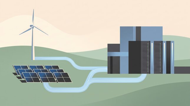 renewable energy powering ai data center with solar panels and wind turbine flat illustration - ai generated