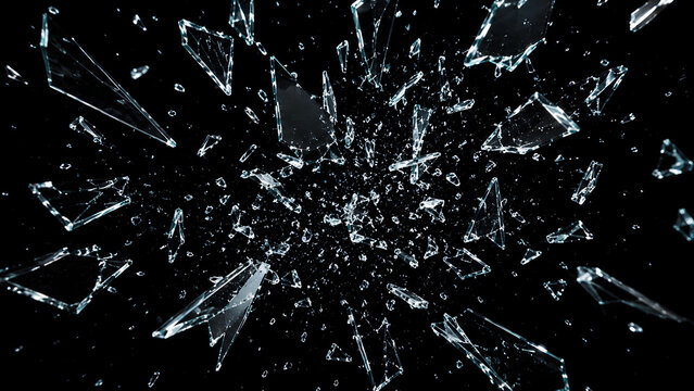 Dynamic shattered glass explosion with realistic transparent glass fragments flying through dark space. Sharp broken shards create a dramatic impact and destruction effect, 