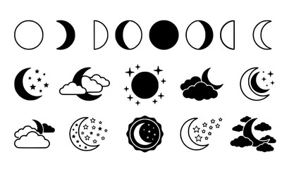 Obraz premium Moon Phases Solid and Outline Vector Icons with Stars Clouds and Celestial Night Elements