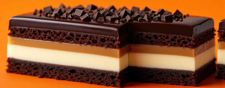 Layered chocolate cake with caramel, vanilla cream. Gourmet dessert slice on bright orange background. Sweet pastry shows dark cocoa sponge, smooth custard, rich fudge topping with chocolate