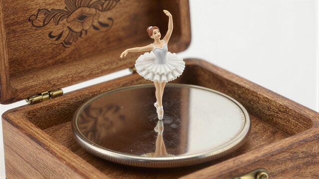 Tiny ballerina dances on wooden music box, reflecting grace and elegance.