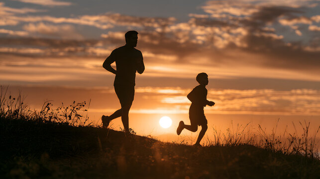 A father and son jogging together at sunrise, health and bonding angle