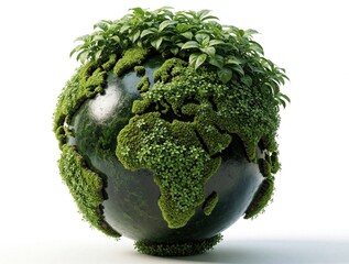 Naklejka premium Green plant life covers globe sphere on white background. Small leaves, moss form world continents to show eco concept. Earth terrarium represents nature conservation, biodiversity, global warming