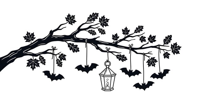 Halloween Tree Branch with Hanging Bats and Lantern