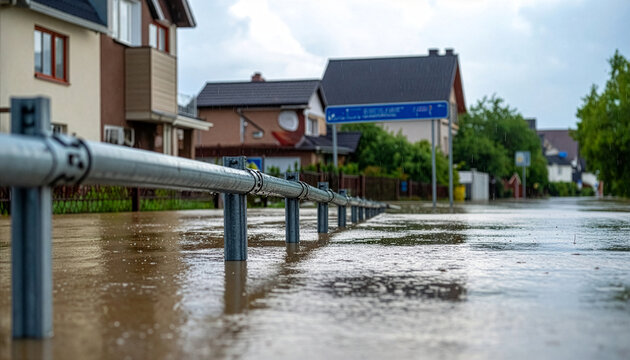 台風や豪雨による河川氾濫で冠水した住宅街の道路とガードレール