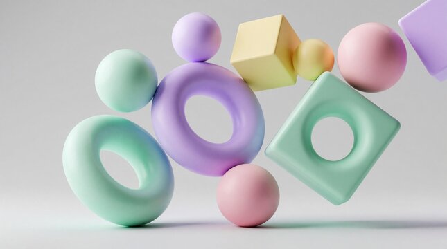 Soft pastel geometric shapes spheres toroids cubes float in abstract space creating visual balance and harmony. Modern arrangement feels playful organized and clean.