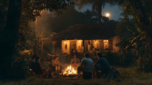 A bonfire scene in a rural Brazilian backyard at night with people telling stories, warm firelight