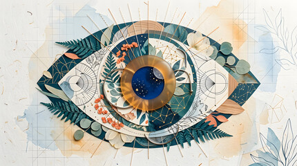 Fototapeta premium Artistic human eye illustration with botanical floral elements and abstract watercolor style